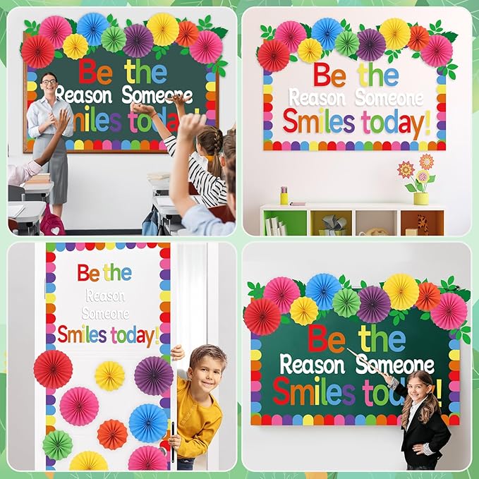 Classroom Bulletin Board Decorations with 3D Paper Fans Inspirational Be The Reason Someone Smiles Today Bulletin Board Set for Back to School Motivational Office Home Wall Door Chalkboard Decor