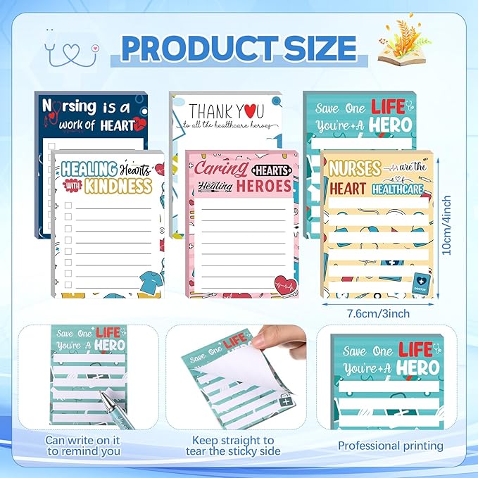 Thenshop 6 Set Nurse Appreciation Gifts 6 Nurse Sticky Notes and 6 Fun Ballpoint Pens Thank You Gifts for Nurse Office Supplies