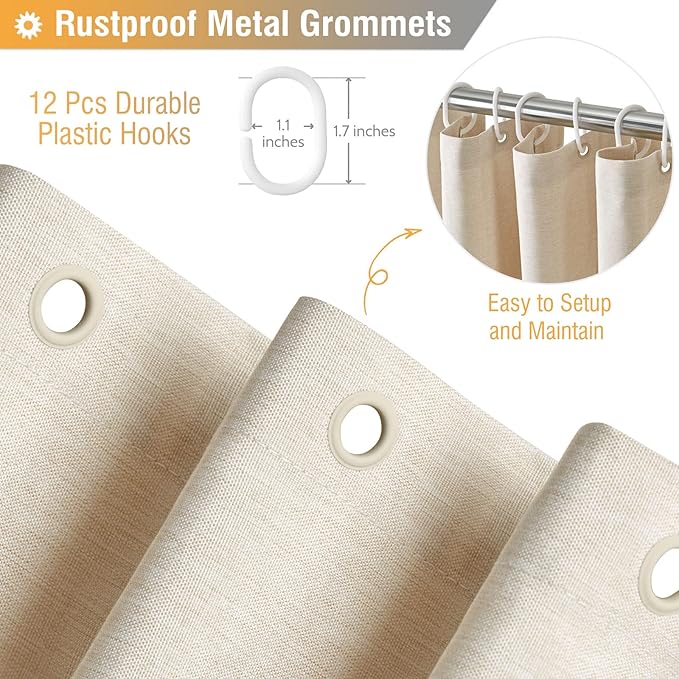 BTTN Fabric Shower Curtain, Linen Textured Heavy Duty Polyester Cloth Shower Curtain Set with 12 Plastic Hooks, Hotel Luxury Waterproof Decorative Shower Curtains for Bathroom - 72"x72" - Beige/Cream