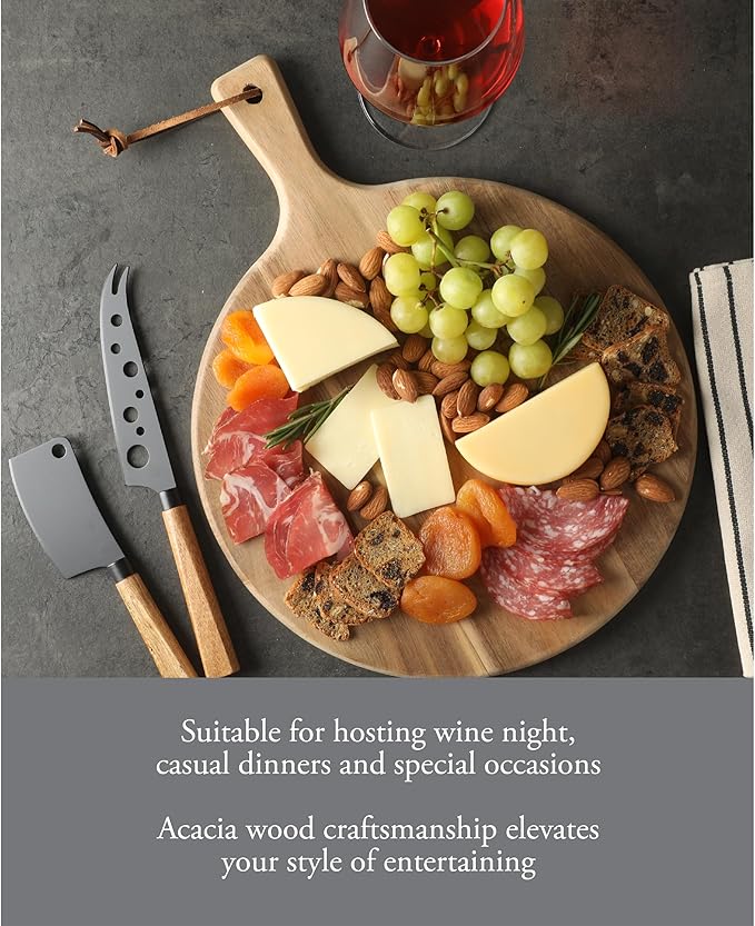 Gibson Home Gracious Dining 3 Piece Charcuterie Serving Board W/Stainless Cheese Knives and Round Acacia Wood Board