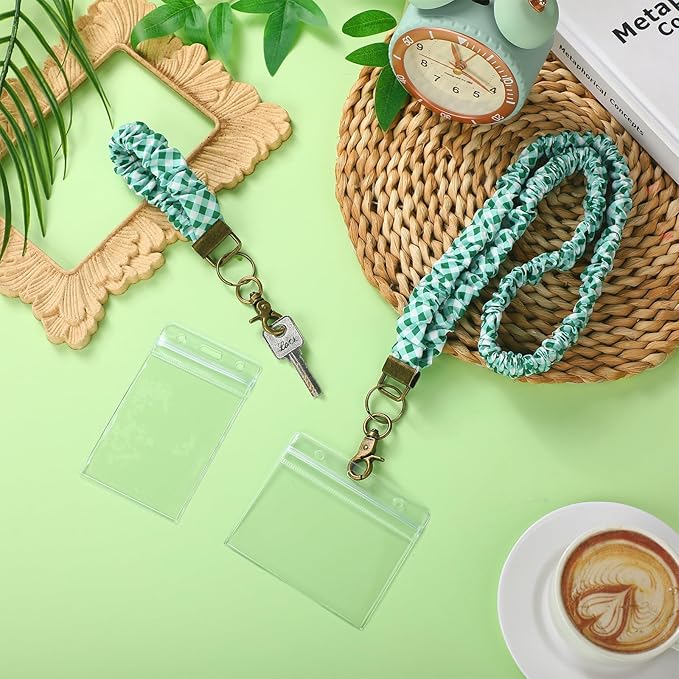 Marspark 2 Set Scrunchie Lanyards with 4 Card Holders for ID Badges and Keys Cute Stretchy Scrunchie Neck and Wrist Lanyards for Teacher Women Nurses School Office Supplies(White Light Green,Checked)