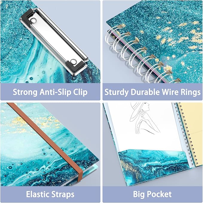 Rimilak Spiral Clipboard Folio with Refillable Lined Notepad, 14.5 x 9.8 In, Hardcover Cover with 5 Interior Pockets, Elastic Band and Pen Loop Series. Cute Stylish Clipfolio, Teal Marble