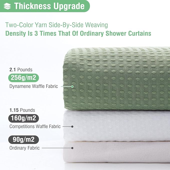 Dynamene Stall Fabric Shower Curtain - 54 inch Wide Waffle Weave Weighted Thick Cloth Shower Curtains for Bathroom, Heavy Duty Hotel Spa Luxury Bath Curtain Set with 10 Hooks, 54x72, Sage Green