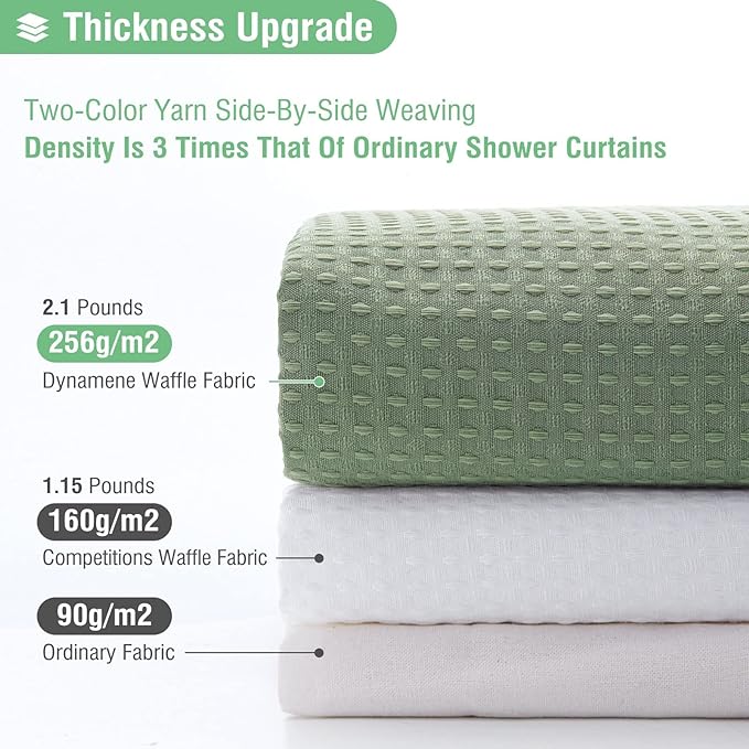 Dynamene Extra Long Fabric Shower Curtain - Waffle Weave 90 Inches Long Heavy Duty Cloth Shower Curtains for Bathroom, 256GSM Tall Hotel Luxury Bath Curtain Set with 12 Plastic Hooks，Sage Green