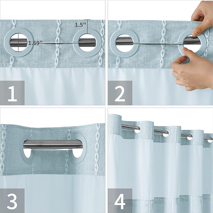No Hook Extra Long Shower Curtain Set with Snap-in Liner,Linen Textured Thick Striped Fabric with Tassels,Boho Chic Modern Farmhouse Bathroom Curtain,Water-Repellent,Fog Blue,71x86