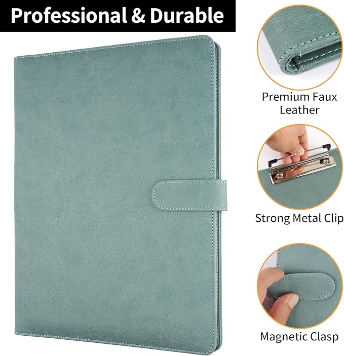 Professional Padfolio with Clipboard, Faux Leather Portfolio Folder Binder, Legal Pad Holder for A4 Letter Size Notepad, Resume, Writing, Ideal Organizer for Business Office Conference (Gray Green)