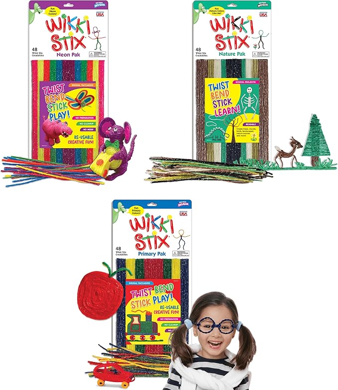 Arts and Crafts for Kids Triple Play Pack, Non-Toxic, Waxed Yarn, Fidget Toy, Reusable Molding and Sculpting Playset, American Made by Wikki Stix, 3 Color Sets, 144 Count