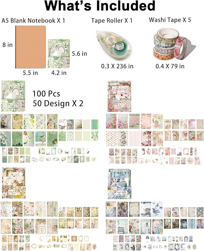 JOYCHOIC Vintage Floral Scrapbook Kit, 4 Packs Junk Journal Supplies for Beginner, Large Collection Journaling and Scrapbooking Materials, Bullet DIY Arts Craft Collage, Adults