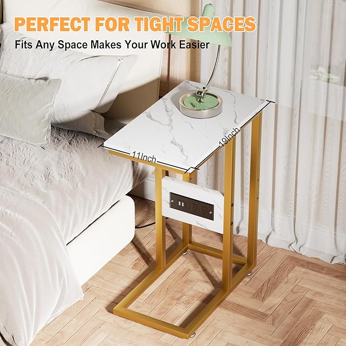 VECELO C Shaped End Table with Charging Station & Power Outlets, Quick Access Side Table for Sofa, C Bedside for Living Room Bedroom 1 Set,Gold