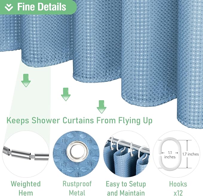 Dynamene Long Fabric Shower Curtain - Waffle Textured Tall Heavy Duty Cloth Shower Curtains for Bathroom, 256GSM Large Hotel Spa Luxury Bath Curtain Set with 12 Plastic Hooks(72Wx80H, Moonlight Blue)