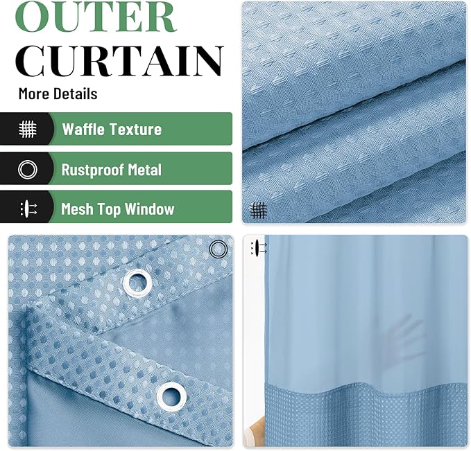 Dynamene Extra Long Shower Curtain, 84 Inch Long Waffle Fabric Shower Curtain for Bathroom, Tall Waterproof Cloth Shower Curtain Set with Hook, Snap in Liner, Mesh Top Window, Moonlight Blue, 72x84