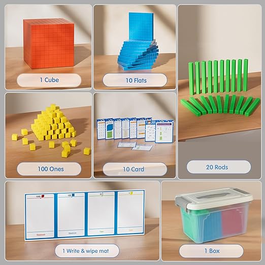 Base Ten Blocks with Place Value Chart 12 Boxes - Math Manipulatives for Kids.Counting Blocks for Math to Help Educate Kindergarten Teachers