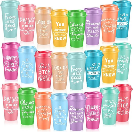 24 Pcs Inspirational Gifts for Employee Coworkers Staff Teammate, 16oz Reusable Plastic Coffee Cups with Positive Sayings, Bundle Gifts for Woman Man Coworker (Pastle Color,Inspirational)