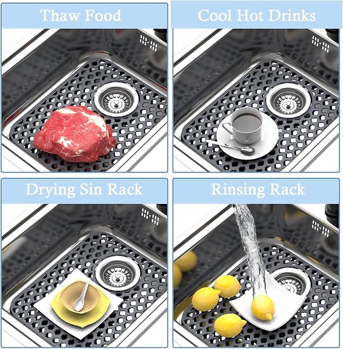 2 Pack Silicone Sink Protector for Kitchen Sink Bathroom, 13.58" x 11.6" Heat-resistant Sink Mat Non-Slip and Durable Silicone Protectors, Rear Drain, Gray
