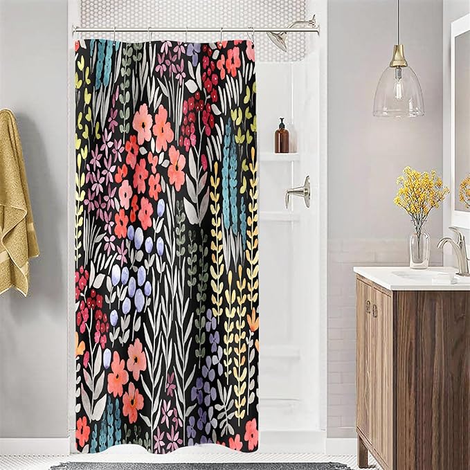 Small Stall Shower Curtain 36 x 72 Inch, Half Narrow Cute Floral Shower Curtain for Bathroom, Colorful Wildflower Boho Cottagecore Fabric Shower Curtain Set with Hooks, Black
