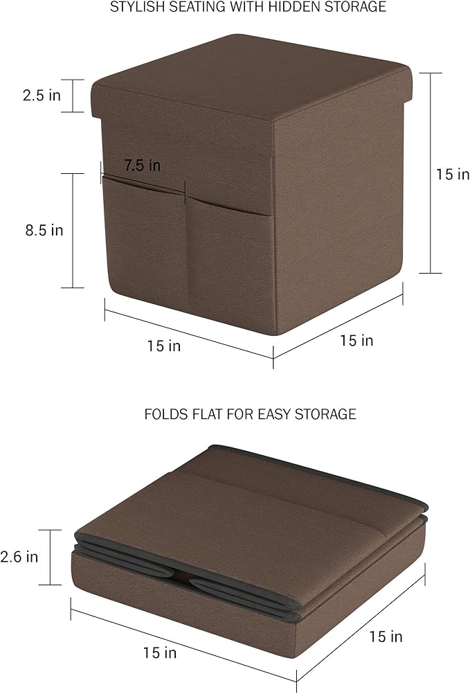 Set of 2 Ottomans with Storage Pockets - 15-Inch Folding Foot Rests or Storage Organizers for Bedroom, Living Room, or Dorm by Lavish Home (Brown)