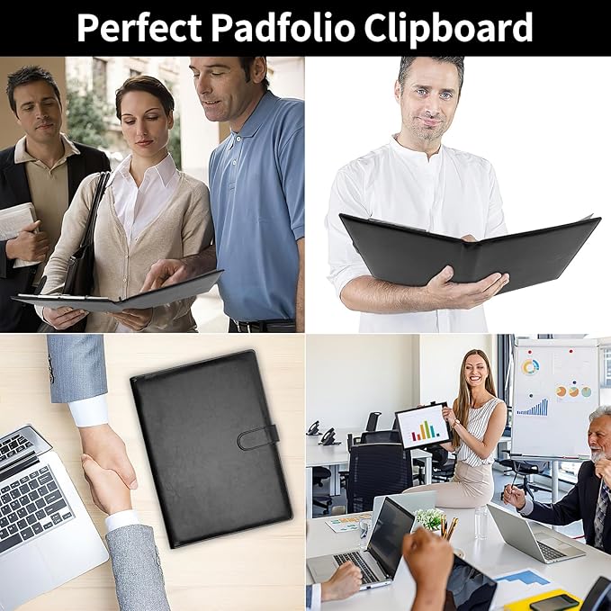 Professional Padfolio with Clipboard, Faux Leather Portfolio Folder Binder, Legal Pad Holder for A4 Letter Size Notepad, Resume, Writing Pad, Ideal Organizer for Business Office Conference, Black