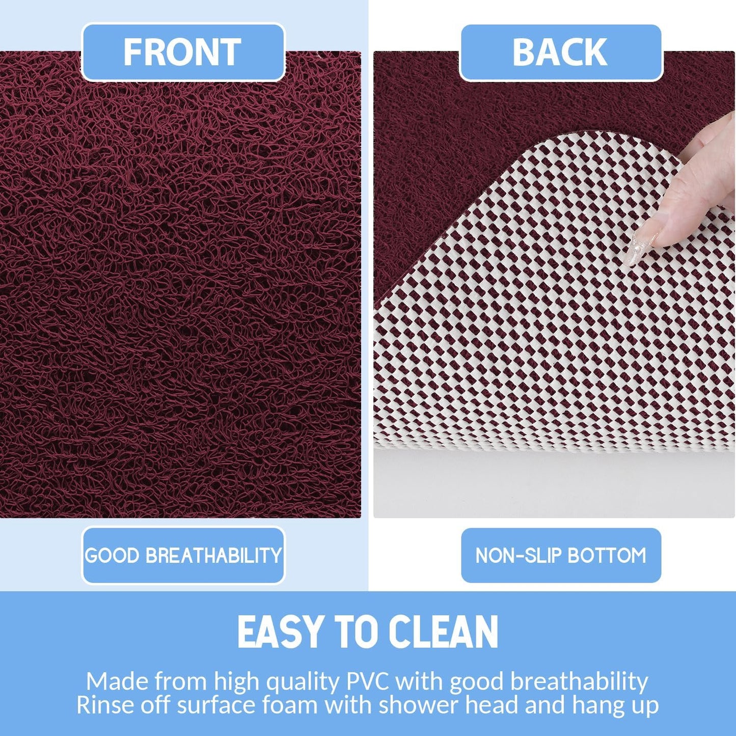 Non-Slip Bathtub Mat, Anti Slip Shower Mat, Fast Drying Bathtub Mats, Foot Scrubber Mat, Anti Slip Mat for Tub, Floor, Bathroom, Kitchen, Home, Hotel (Wine Red 40"×28")