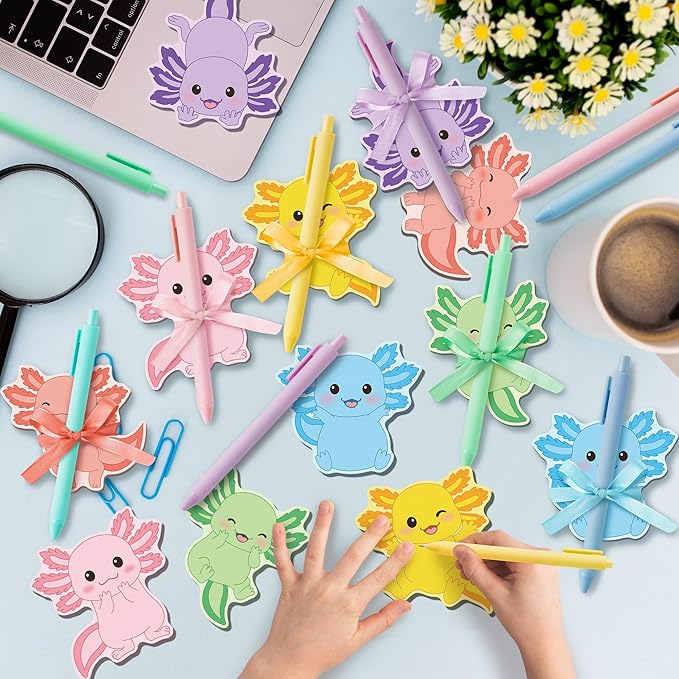 Bright Color Sticky Notes - 72pcs Cute Axolotl Super Sticky Notes Pens Ribbons Set Favorite Sticking Power Office Products School Supplies Clean Removal Memo Pads Index Tabs Strong Adhesive