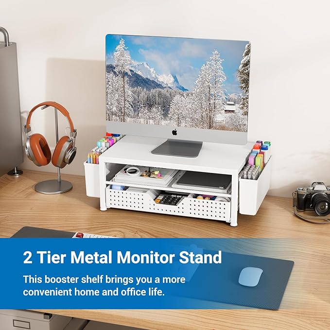 Wood Monitor Stand Riser, Laptop Stand for Desk, Office Desk Organizer and Accessories, Computer Desktop Shelf with Drawer and Pen Holder, Printer Stand for Home, Office, Dorm (White Wood)
