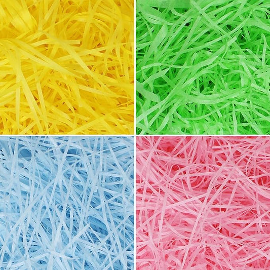 JOYIN 2.25 LB Multicolor Rainbow Easter Grass Recyclable Paper Shred Gift Wrap Crinkle Filler(Pink, Yellow, Sky Blue, and Green) for Easter Hunt Decor, Basket Stuffers, Wedding Party Favor(36 oz)