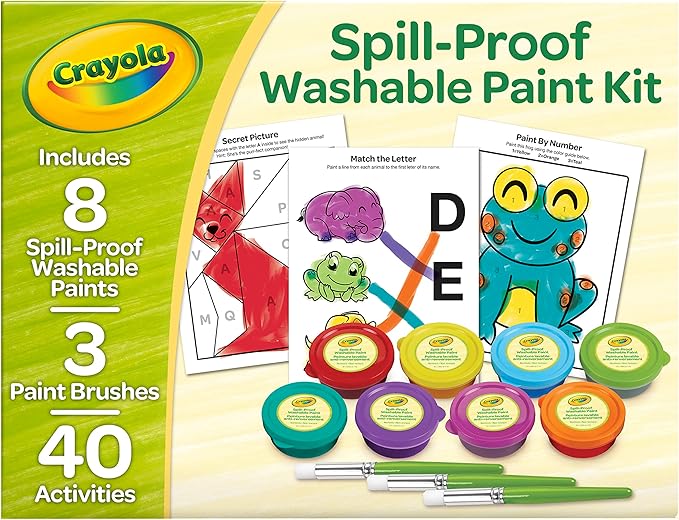 Crayola Spill Proof Paint Set (8ct), Washable Toddler Paint Kit, With Brushes, Pots, Activity Pages, Arts & Crafts Kit, Gift for Toddlers, Ages 3+