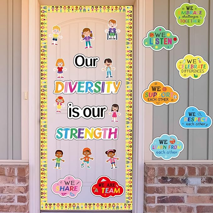 Diversity Bulletin Board Decoration Set Diverse Students Borders Cutouts for Party School Classroom Door Welcome Bulletin Board Craft Home Wall(Our Diversity is Our Strength)