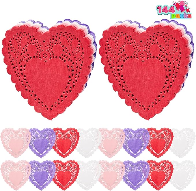 JOYIN 144 Pcs 4" Valentines Day Heart Doilies Party Decorations with 4 Colors Heart Doilies Cutouts Lace Paper Craft Gift Set for Valentine Day Party Tableware Decoration