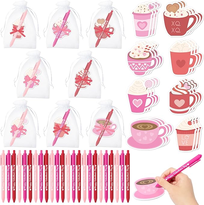 Xqumoi Valentine’s Day Coffee Cup Sticky Notes with Pen Gift Set - 24 Set Heart Self Sticky Writing Memo Pads Ballpoint Pens with Mesh Bag Party Favors Wedding School Classroom Rewards Office Supplies