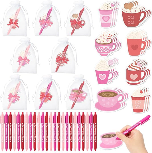 Xqumoi Valentine’s Day Coffee Cup Sticky Notes with Pen Gift Set - 24 Set Heart Self Sticky Writing Memo Pads Ballpoint Pens with Mesh Bag Party Favors Wedding School Classroom Rewards Office Supplies