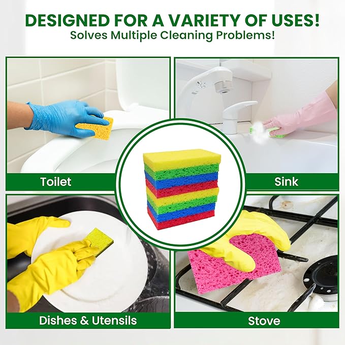 Cellulose Sponges – 48-Pack Multicolored Compressed Natural for Kitchen – Plant-Based, Biodegradable, Non-Scratch, Quick-Dry, Super-Absorbent for Dishes & Surfaces (48, Multicolor)