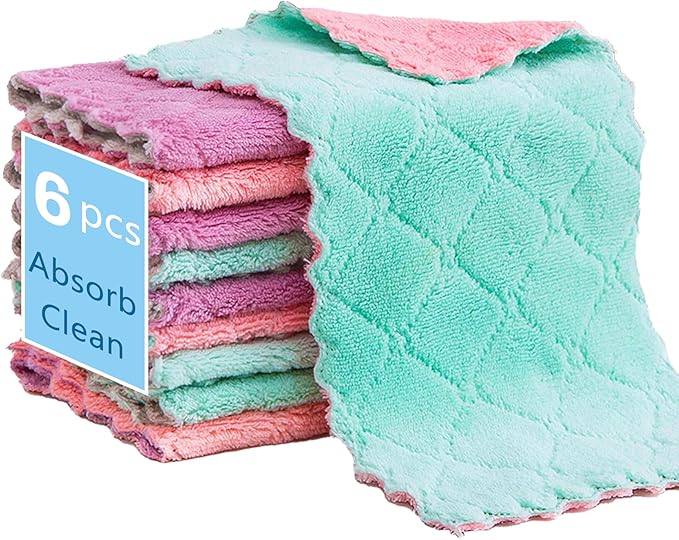 Microfiber Cleaning Cloths - Super Absorbent Streak-Free & Lint-Free Towels for Glass Kitchen & Home (Gray, Purple, Pink, Green) (6pcs)