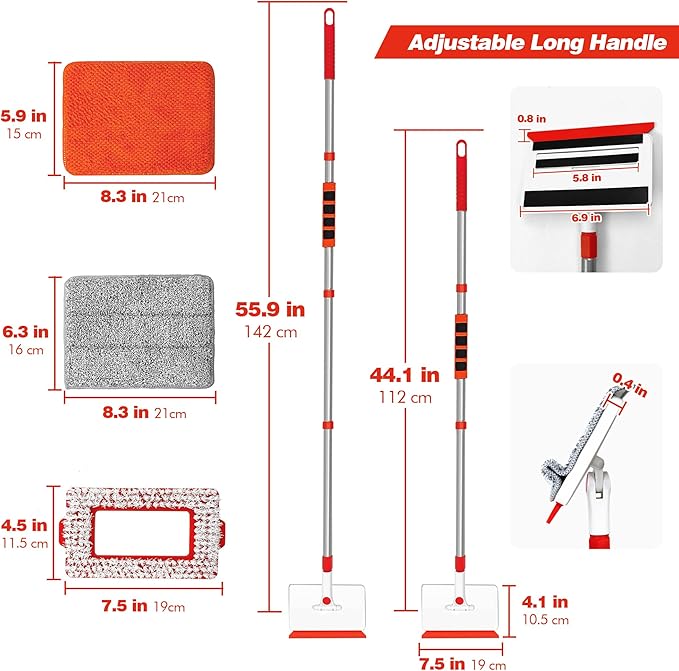 JEHONN Baseboard Cleaner Tool with Handle, 56 inches Base Boards Cleaning Mop Scrubber, 1 Stiff Bristles Brush, 2 Chenille and 2 Microfiber Pads, Wall Duster for Floorboard Ceiling Window Tile