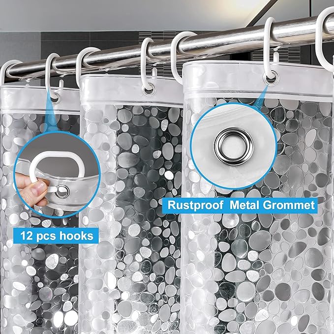 UFRIDAY Clear Shower Curtain Liner 72 x 72 inch,EVA 3D Cobblestone Weighted Plastic Bathroom Shower Curtain Liner with 3 Big Magnets,Transparent.