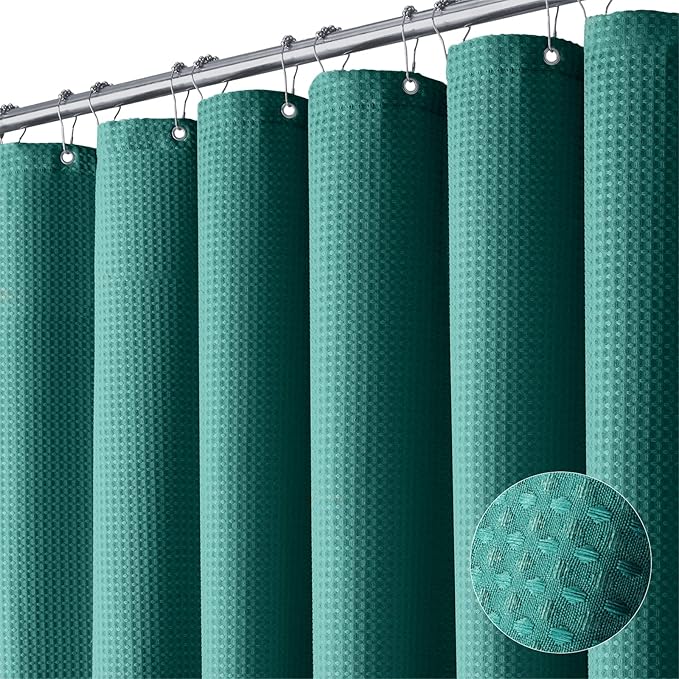 Dynamene Extra Long Shower Curtain - 84 Inch Long Green Fabric Waffle Weave Heavy Duty Shower Curtain for Bathroom, Weighted Hotel Thick Cloth Shower Curtain Set with 12 Hooks,72x84, Seaweed Green