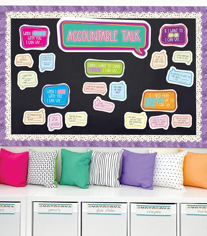 Carson Dellosa Accountable Talk Bulletin Board Set—Sentence Stem Speech Bubbles and Category Topic Signs for Group Discussions and Social-Emotional Learning, Homeschool or Classroom Décor (31 pc)