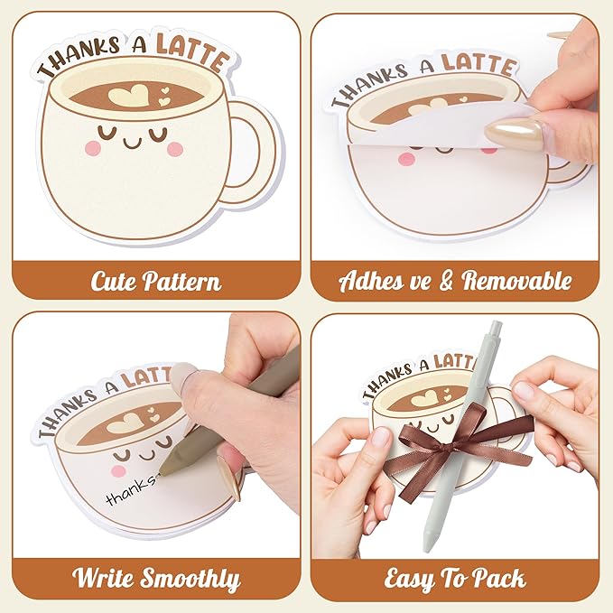 Xqumoi Thanks A Latte Sticky Notes with Pen Gift Set - 24 Set Coffee Self Sticky Writing Memo Pads Ballpoint Pens with Mesh Bag Thank You Gift Party Favors School Classroom Rewards Office Supplies