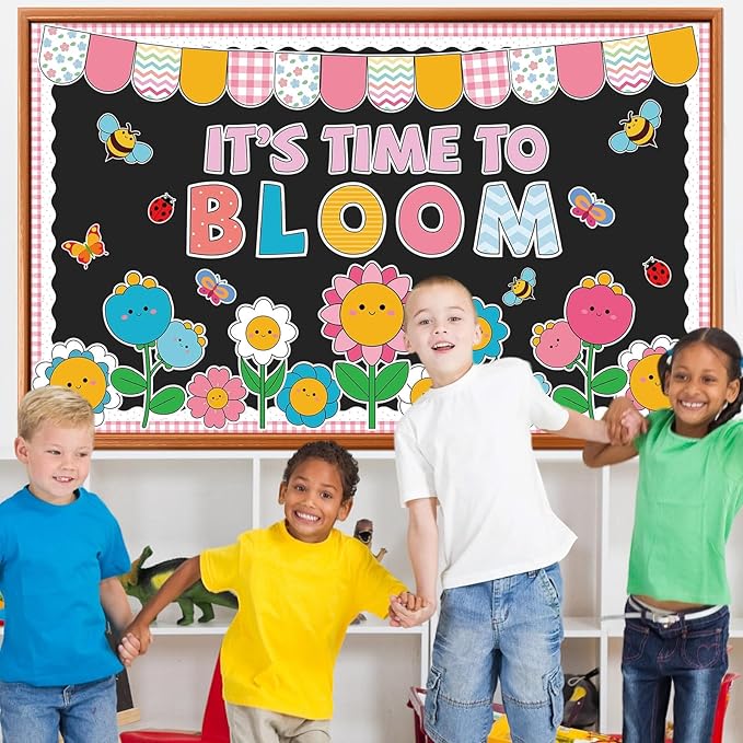 Spring Bulletin Board Set Decorations Colorful Flower Bee Paper Cutouts Spring Bloom Floral Classroom Bulletin Board Decoration Kit for School Home Chalkboard Window Holiday Party Decor