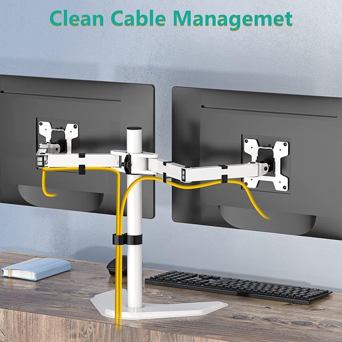 WALI Dual Monitor Stand, Free Standing Desk Mount for 2 Monitors up to 27 inch, 22 lbs. Weight Capacity per Arm, Fully Adjustable with Max Mounting Pattern 100x100mm (MF002-W), White