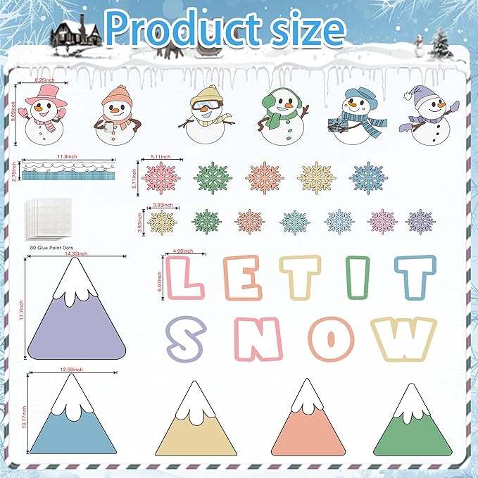 Winter Bulletin Board Decoration Let It Snow Bulletin Board Set Pastel Mountains Snowman Snowflake Cutouts Classroom Decoration for School Chalkboard Wall Door Holiday Christmas Xmas Supplies