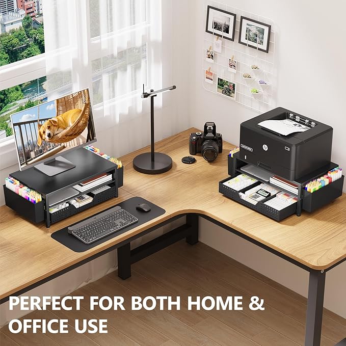OPNICE Desk Organizer and Accessories, 2-Tier Computer Monitor Stand Riser with Drawer and 2 Pen Holders, Laptop Stand, Office Desk Accessories for Office Supplies, Black 2-Pack