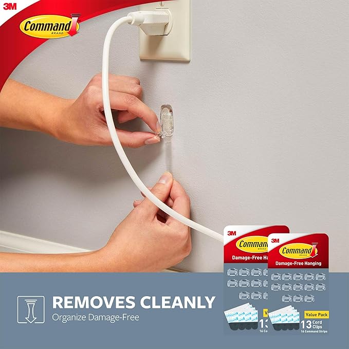 Command Round Cord Clips, Damage Free Hanging Cable, for Hanging Electrical Cables, 26 Clear Cord Clips and 32 Strips