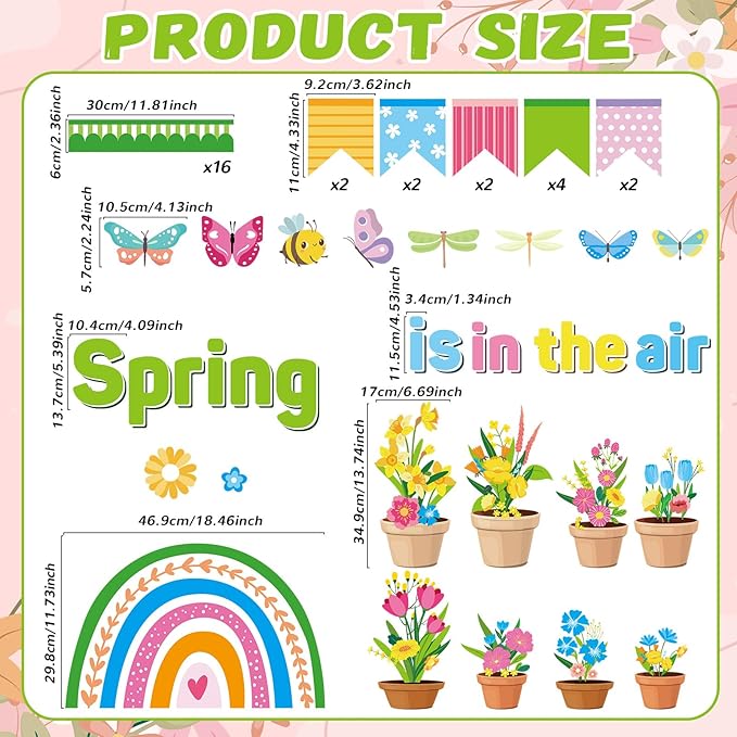 Spring Floral Flower Bulletin Board Set Spring Rainbow Insect Paper Cutouts Flower Rainbow Bulletin Board Classroom Decorations Bees Butterfly Party Supplies for Home School March April Wall Decor