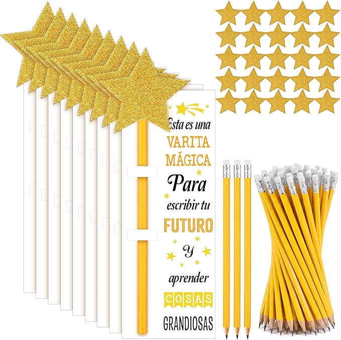 Colarr 50 Sets Varitas Mágicas Pencils Gifts Included 50 Pencils 50 Shimmering Star Stickers & 50 Inspirational Cards Birthday Welcome Party Favors Back to School Gifts