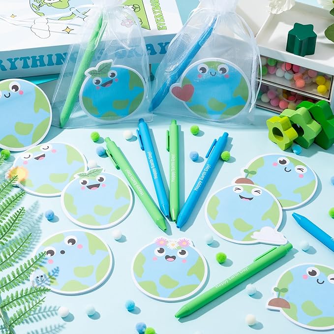 Xqumoi Earth Day Sticky Notes with Pen Gift Set - 24 Set Save The Planet Self Sticky Writing Memo Pads Ballpoint Pens with Mesh Bag Party Favors School Classroom Rewards Office Supplies
