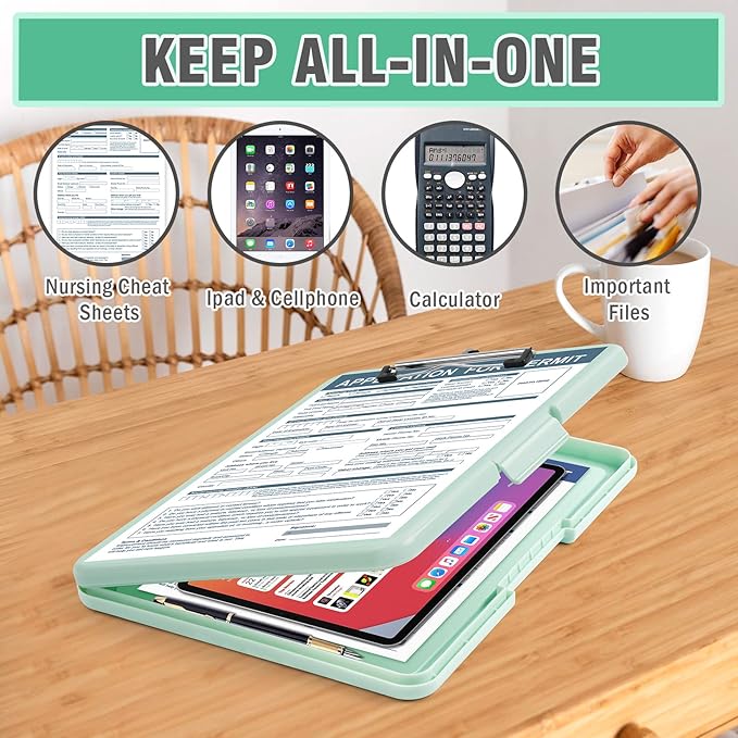 ANZNKU Clipboards with Storage, 13x9.6 Heavy Duty Nursing Clipboard Foldable, Plastic Storage Clipboard with Pen Holder, Cute Clip Board Folder for Teacher Nurse Work, School & Office Supplies(Green)