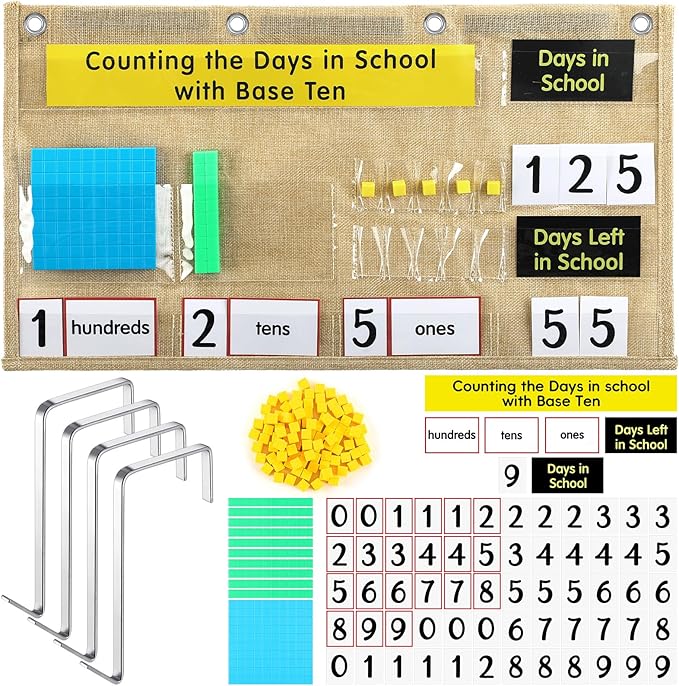 Back to School Counting The Days with Base Ten Pocket Chart Place Value, Counting Caddie Pocket Chart for Classroom Bulletin Board School or Home Decor, 4 Hooks(Burlap Color,Classic Style)