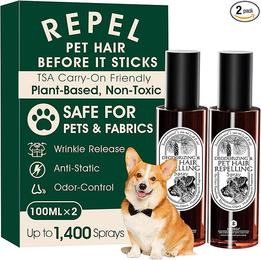 4-in-1 Pet Hair Repellent Spray, Pet Hair Dissolver & Odor Neutralize, Plant Based Enzymes, Safe for Pets, Clothes & Furniture, Refresh Pine Nut Scent, 6.76 fl oz, 2 Travel Pack
