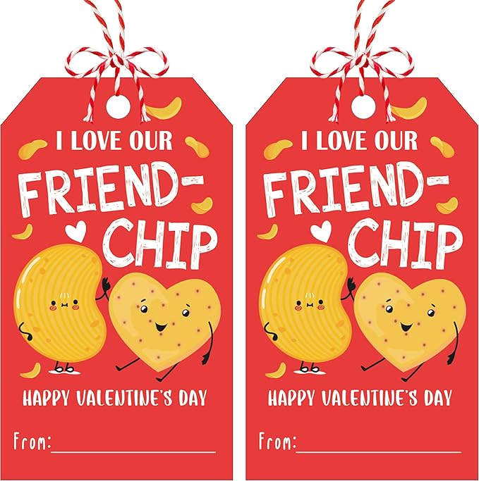 50Pcs Friend-chip Valentines Tags, Valentines Thank You Gift Label with String, Hanging Paper Gift Label for Wrapping Treat Bag, Idea Valentine's Activity School Classroom Party Favors