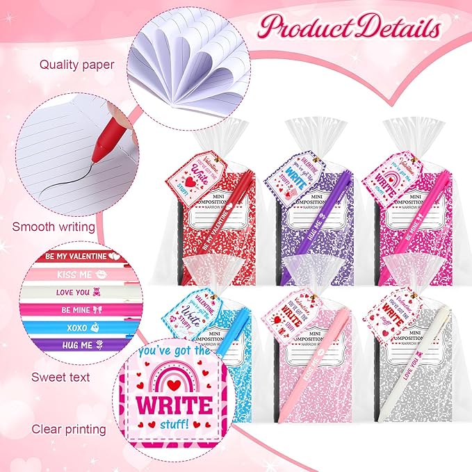 Pajean 96 Pcs Valentine's Day Stationery Set 24 Valentine's Day Notebooks with 24 Pens 24 Cards 24 Gifts Bags for Home Valentines Exchange Gifts School Classroom Office Party Favors Supplies